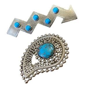 Vintage Turquoise Silver Tone Brooch Western Paisley Arrow Southwestern Native